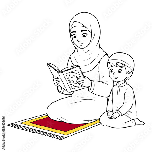 Muslim Mother Reading Quran with Child – Islamic Education Line Art Illustration, color book style, Editable Vector Design, children’s books, and digital or print use