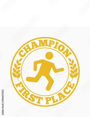 Champion First Place Winner Badge Vector Illustration with Gold Medal and Laurel Wreath