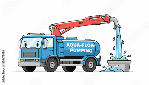 Water Pump Truck Illustration with Aqua-Flow Pumping Service and Cartoon Style