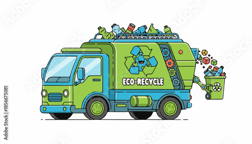 Eco-Recycle Garbage Truck Illustration for Waste Management and Plastic Recycling Service