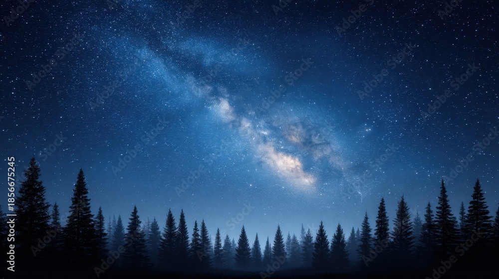 Fototapeta premium Majestic Night Sky Over Dark Forest Silhouettes with Milky Way and Sparkling Stars Illuminating the Tranquil Atmosphere of a Peaceful Wilderness