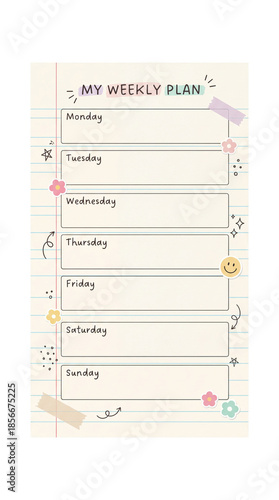 Cute weekly schedule planner template vector illustration on ruled notebook paper, hand drawn cartoon kawaii aesthetic diary background, daily task list with decorative doodles and washi tape elements