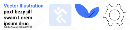 Human figure running inside a square, blue leaf symbol, black gear outline. Ideal for fitness, environment, technology, sustainability, development, teamwork and simple landing page