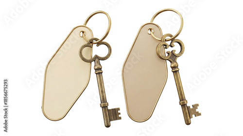 skeleton keys attached to blank hotel key fobs, vintage style ornate keys with cream colored plastic tags, retro motel or apartment security access concept