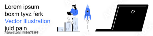 Business strategy, innovation, technology, startup, productivity, digital tools. Woman on bar graphs with laptop, rocket launching laptop icon. Business strategy and innovation