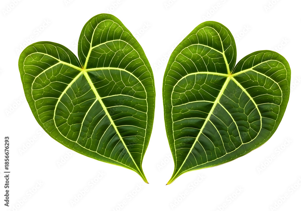 Obraz premium Dark green leaves with light green veins on isolated transparent background