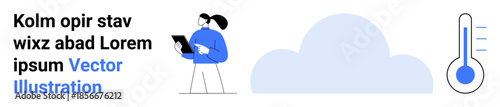 Cloud technology, weather forecasting, data analysis, digital tools, climate monitoring, remote storage. Person holding a tablet near a cloud graphic and thermometer symbol. Cloud technology