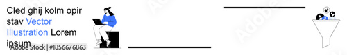 Digital marketing, data analysis, filtering, user analytics, information flow, online research. Person working on laptop and graphical funnel filtering data. Data analysis and filtering concept