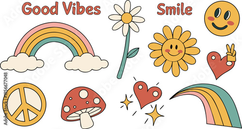 Vintage groovy set elements in flat graphic design. Vector illustration. Collection of funny cat, heart, sun, sunglasses, daisy, cactus, roller skates, music cassette, guitar, peace, unicorn, other.