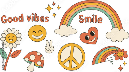Vintage groovy set elements in flat graphic design. Vector illustration. Collection of funny cat, heart, sun, sunglasses, daisy, cactus, roller skates, music cassette, guitar, peace, unicorn, other.