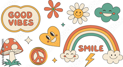 Vintage groovy set elements in flat graphic design. Vector illustration. Collection of funny cat, heart, sun, sunglasses, daisy, cactus, roller skates, music cassette, guitar, peace, unicorn, other.