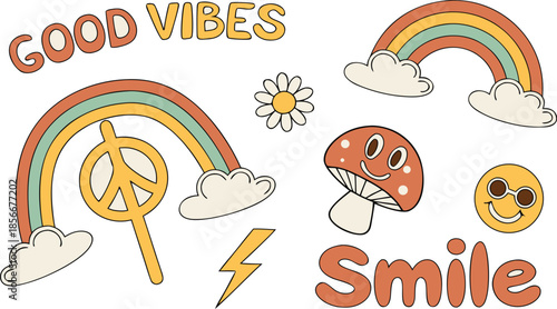 Vintage groovy set elements in flat graphic design. Vector illustration. Collection of funny cat, heart, sun, sunglasses, daisy, cactus, roller skates, music cassette, guitar, peace, unicorn, other.