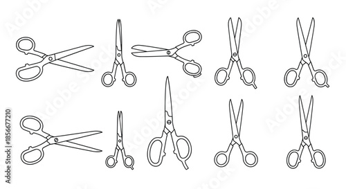 Variety of black and white line art icons depicting different types of scissors in various open and closed positions for craft work.