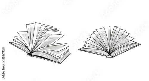 Hand drawn vintage style sketches of two open books with pages fluttering and flipping as if being read or blown by a gentle breeze.