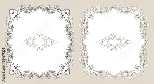 Pair of highly detailed vintage Art Nouveau style frames with intricate floral and organic patterns on a neutral beige background.