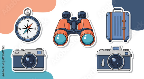 Set of travel related stickers including a blue compass, orange binoculars, a blue suitcase, and two vintage style film cameras.