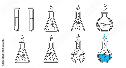 Collection of laboratory glassware icons including test tubes and flasks with bubbles representing chemical reactions or experiments.