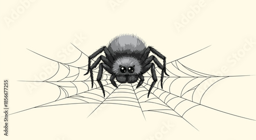 Realistic illustration of a large hairy grey spider with big black eyes sitting in the center of its intricate white silk web.