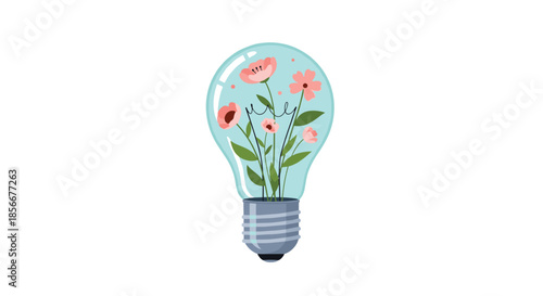 Creative concept illustration showing pink flowers with green leaves growing inside a glass light bulb on a white background.