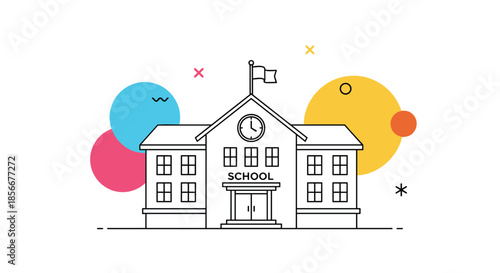 Modern line art illustration of a school building with a clock tower and flag surrounded by colorful abstract circles and shapes.