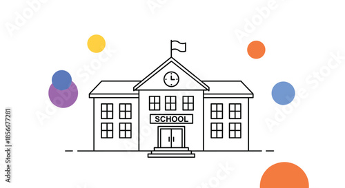 Simple line art drawing of a classic school building with a clock and flag on its roof against a background of colorful dots.