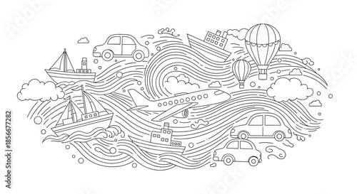 Intricate black and white line art depicting various modes of transport including airplanes, ships, cars, and hot air balloons.