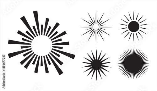 Sunburst and starburst vector icons set with radiating ray designs in black