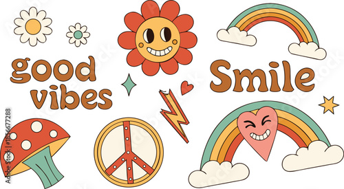 Vintage groovy set elements in flat graphic design. Vector illustration. Collection of funny cat, heart, sun, sunglasses, daisy, cactus, roller skates, music cassette, guitar, peace, unicorn, other.