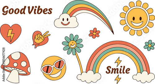 Vintage groovy set elements in flat graphic design. Vector illustration. Collection of funny cat, heart, sun, sunglasses, daisy, cactus, roller skates, music cassette, guitar, peace, unicorn, other.