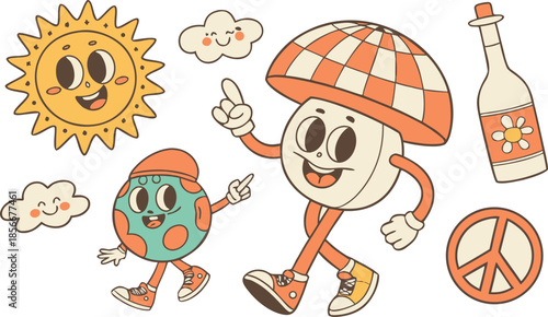 Vintage groovy set elements in flat graphic design. Vector illustration. Collection of funny cat, heart, sun, sunglasses, daisy, cactus, roller skates, music cassette, guitar, peace, unicorn, other.