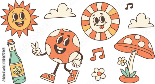 Vintage groovy set elements in flat graphic design. Vector illustration. Collection of funny cat, heart, sun, sunglasses, daisy, cactus, roller skates, music cassette, guitar, peace, unicorn, other.