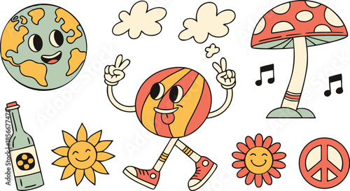 Vintage groovy set elements in flat graphic design. Vector illustration. Collection of funny cat, heart, sun, sunglasses, daisy, cactus, roller skates, music cassette, guitar, peace, unicorn, other.