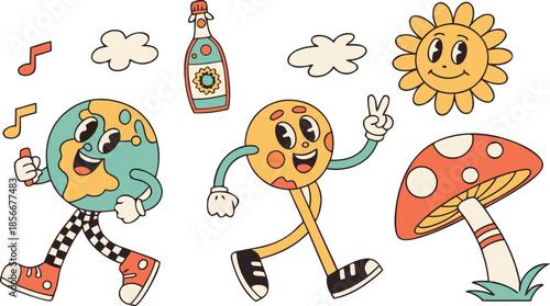 Vintage groovy set elements in flat graphic design. Vector illustration. Collection of funny cat, heart, sun, sunglasses, daisy, cactus, roller skates, music cassette, guitar, peace, unicorn, other.