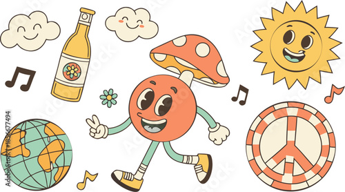 Vintage groovy set elements in flat graphic design. Vector illustration. Collection of funny cat, heart, sun, sunglasses, daisy, cactus, roller skates, music cassette, guitar, peace, unicorn, other.