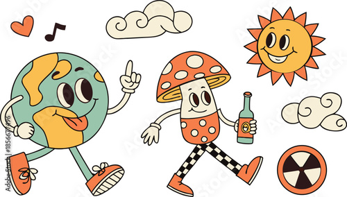 Vintage groovy set elements in flat graphic design. Vector illustration. Collection of funny cat, heart, sun, sunglasses, daisy, cactus, roller skates, music cassette, guitar, peace, unicorn, other.