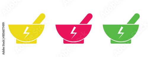 Mortar and pestle icons with lightning bolt, colorful yellow pink and green pharmacy symbols