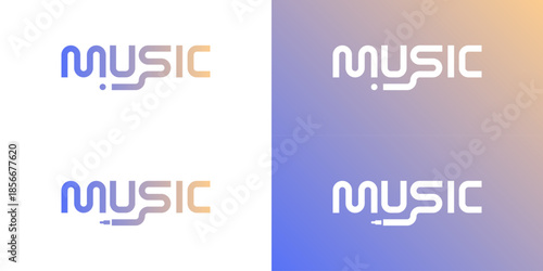 Creative modern wordmark music logo template. Typography Music with sound wave, audio cable jack design vector illustration.