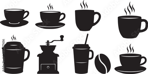 Coffee Cups and Accessories Icon Set in Black Silhouette