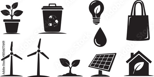 Eco Friendly Living Icons and Sustainable Energy Symbols Combined