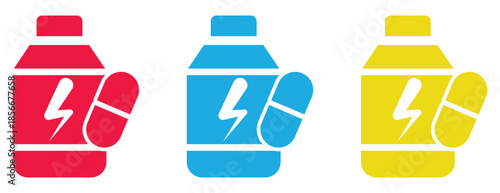 Supplement bottle icons with lightning bolt and pill, colorful energy nutrition symbols