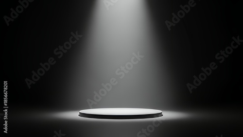 White cylinder podium illuminated by light beam with vaporous smoke on reflective dark floor background.