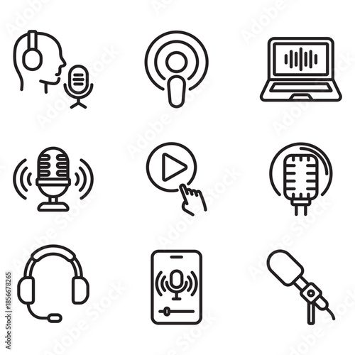 Podcast icon set. Line style vector.