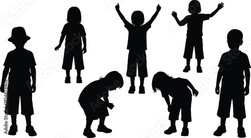  Collection of black children silhouettes in various poses, happy kids standing and playing, childhood growth, elementary students group, diverse youth character set for education.