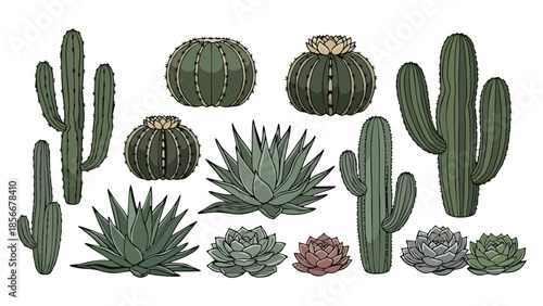 Vibrant Collection of Hand Drawn Desert Cacti and Succulents for Your Creative Projects