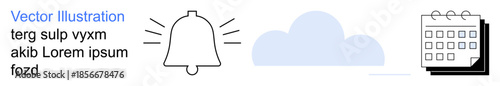 Notifications, reminders, cloud storage, scheduling, events, organization. Bell icon, cloud symbol calendar graphic. Notifications and scheduling concepts for digital communication and productivity
