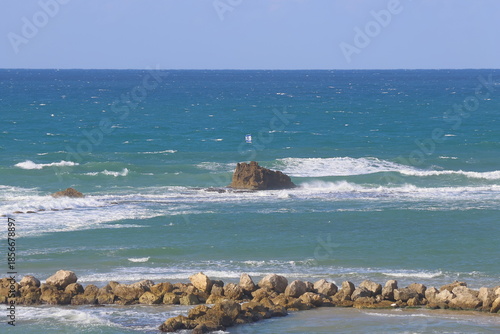 View of the sea and rocks on the shore of the Mediterranean Sea