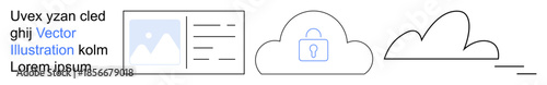 Data protection, cloud storage, online documents, cybersecurity, digital security, privacy. Minimalistic icons of a document, cloud environment and lock. Data protection and cloud storage concept