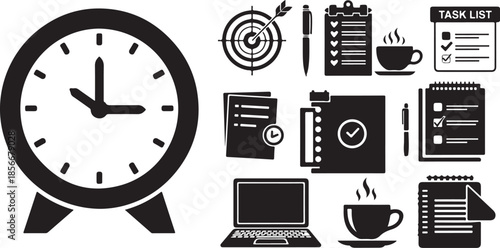 Time Management Productivity Icons with Clock and Task List