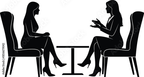 Conversation silhouette vector, two people talking, black illustration, interview scene, communication pose, business dialogue, formal setting, emotional design, seated figures