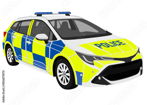 British Police Patrol Car Illustration, UK Police Estate Vehicle in Battenburg Markings